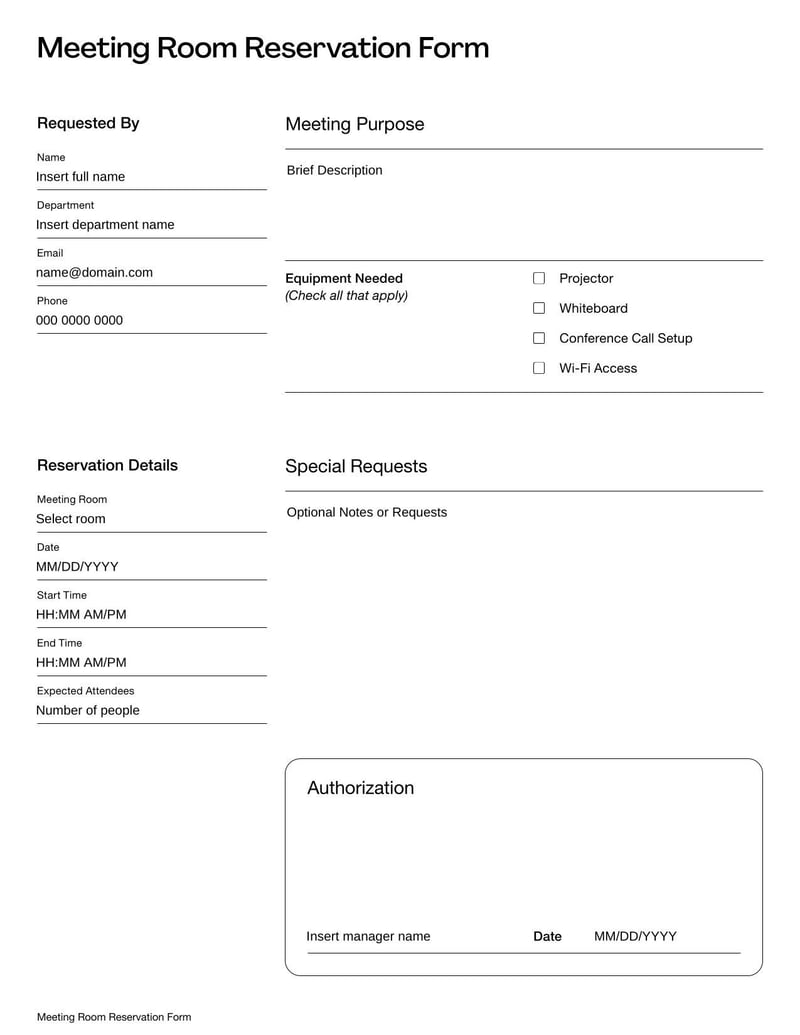 Meeting Room Reservation Form for booking and managing meeting space efficiently