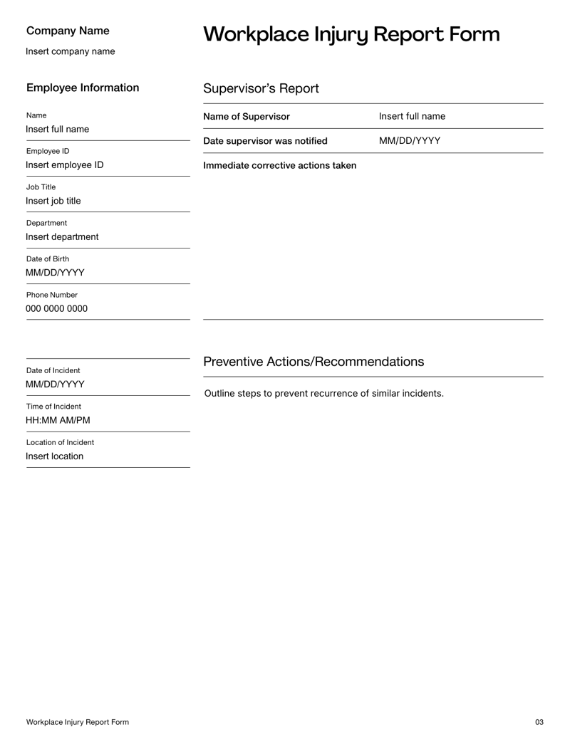 Workplace Injury Report Form with sections for employee details, incident description, witnesses, medical treatment and supervisor recommendations