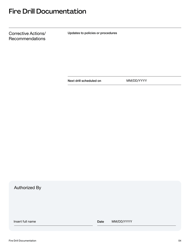 Fire Drill Documentation with sections for drill details, observations and corrective actions