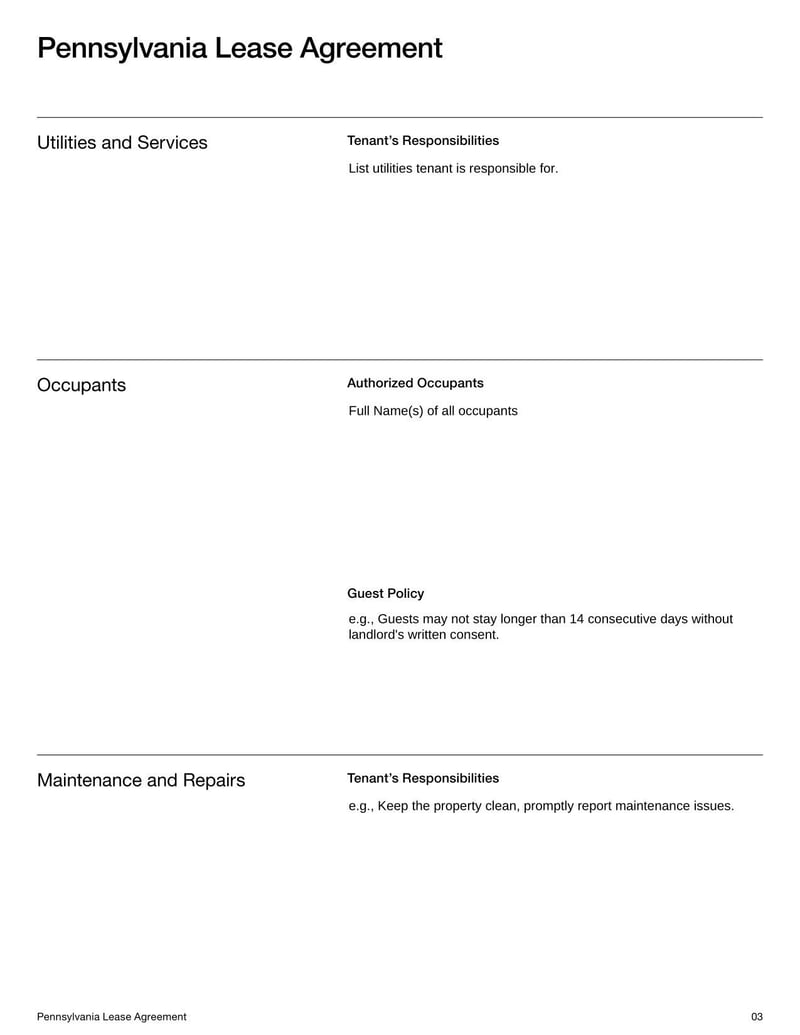 Pennsylvania Lease Agreement for rental terms in Pennsylvania