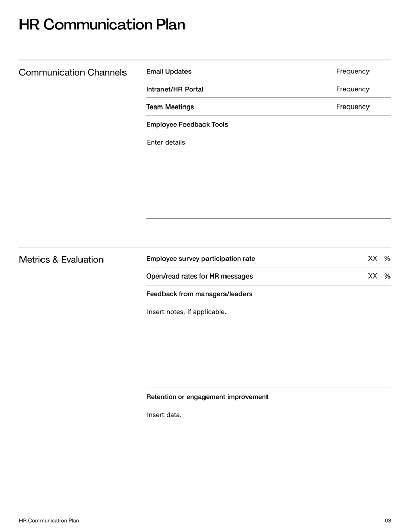 HR Communication Plan with sections for goals, audience, key messages, channels and evaluation metrics