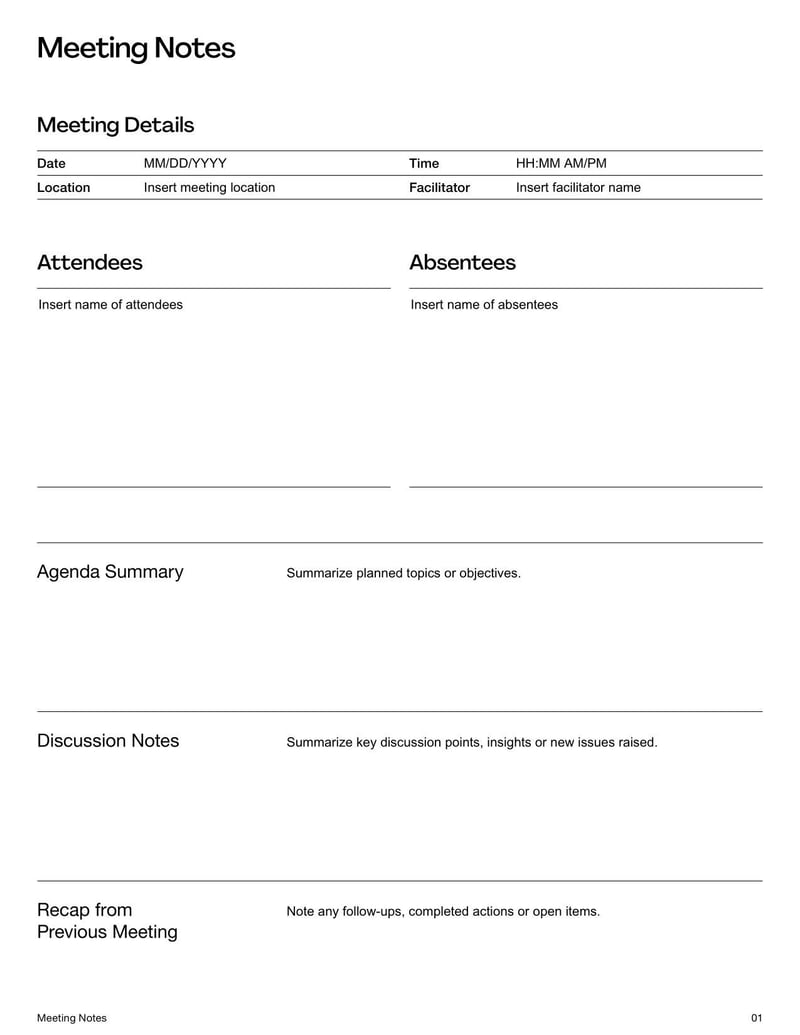 Meeting Notes Template for recording key points, decisions, and action items from meetings