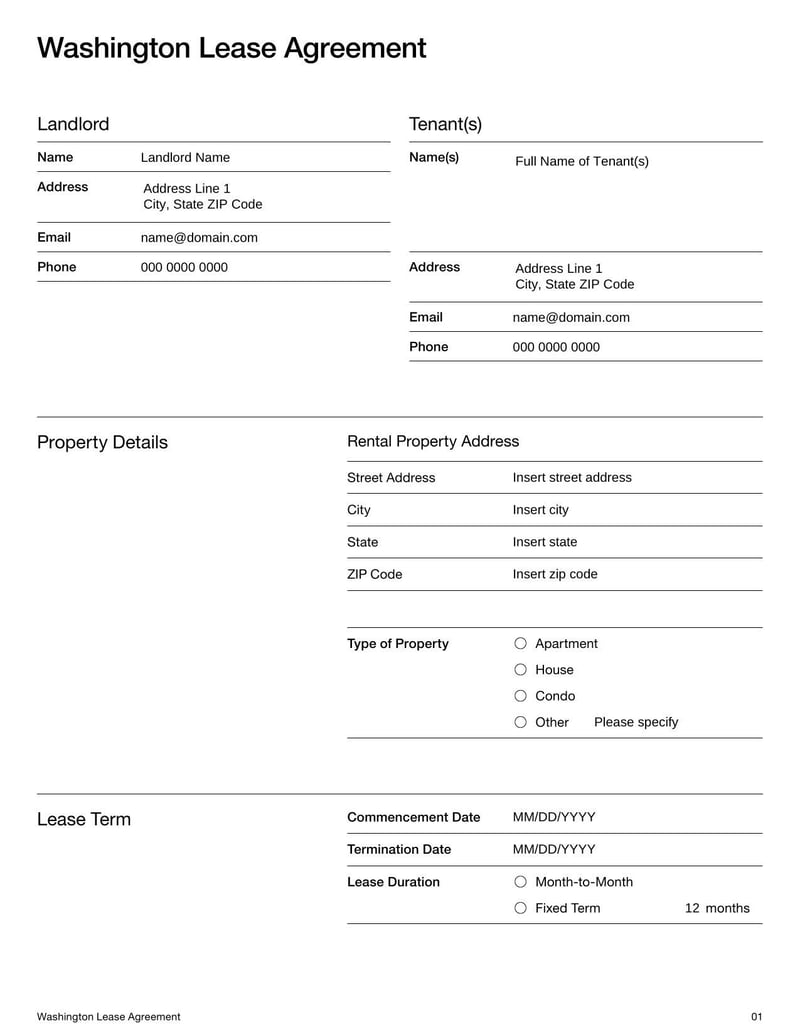 Washington Lease Agreement for rental terms in Washington