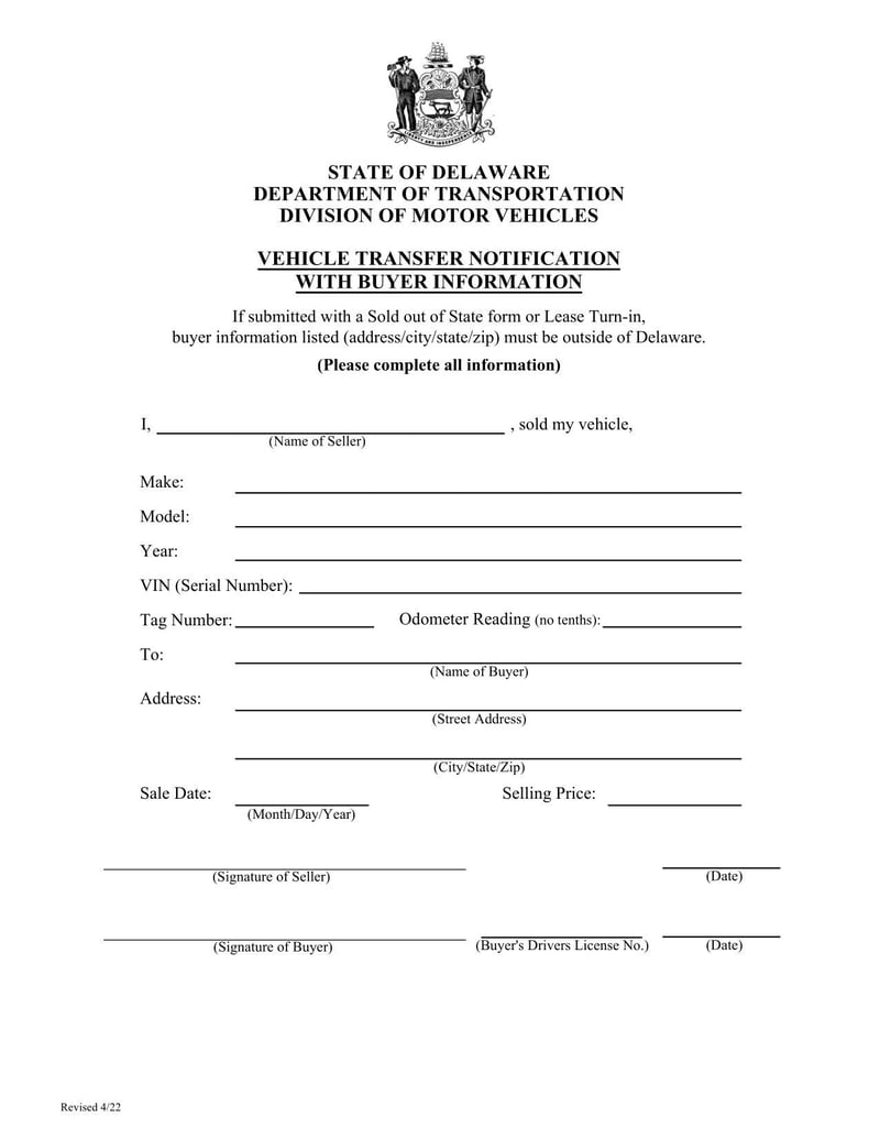 Large thumbnail of Delaware Vehicle Transfer Notification with Buyer Information