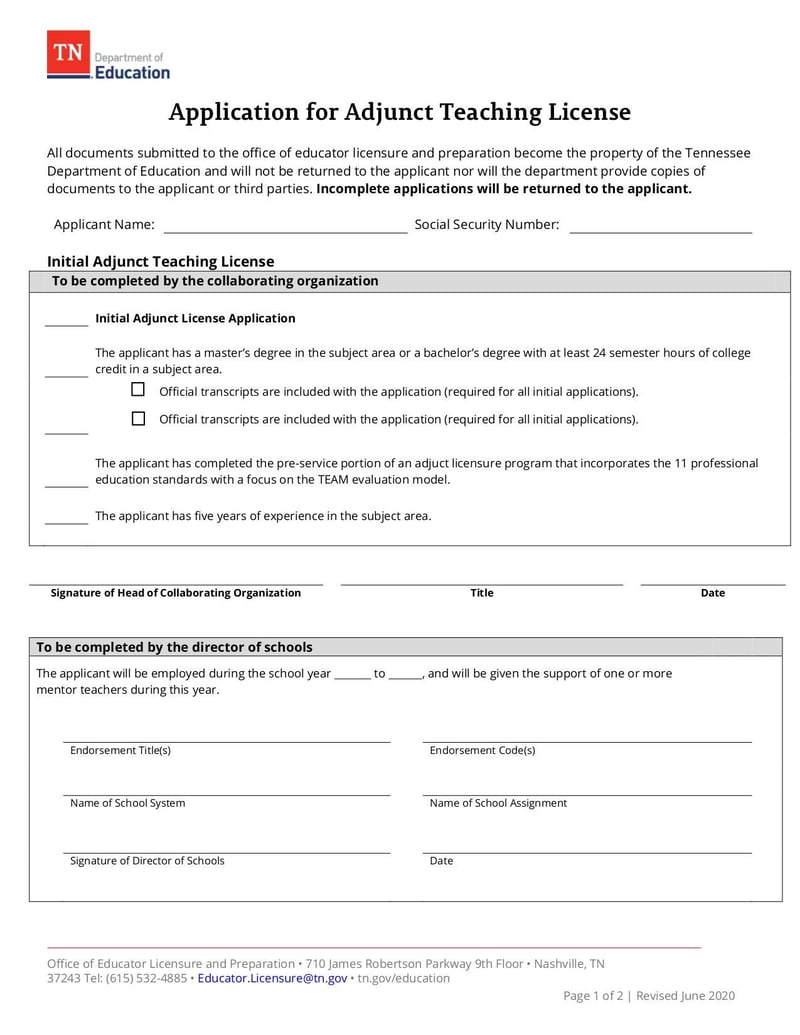 Large thumbnail of Adjunct Teacher License Application - Jun 2020