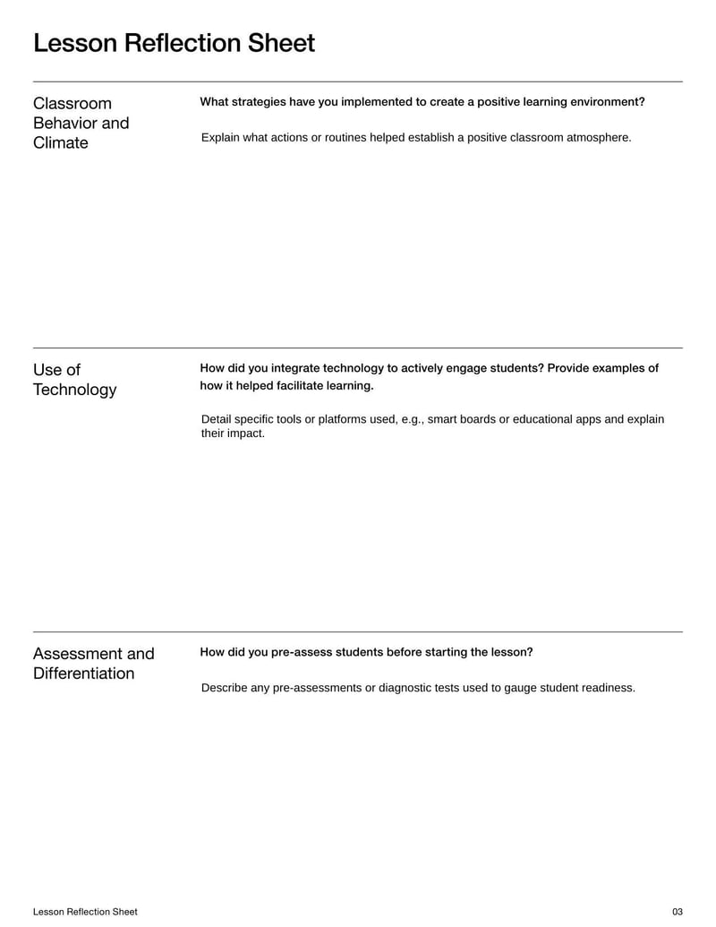Lesson Reflection Sheet for teachers to evaluate daily lessons