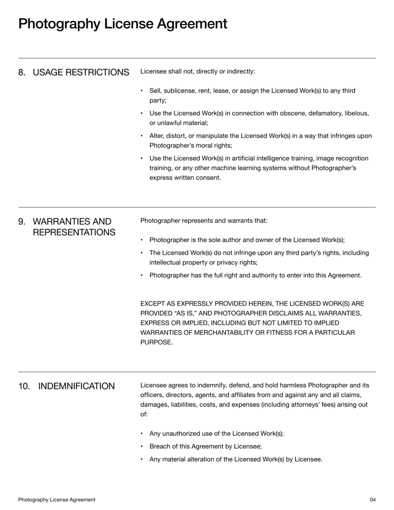 Photography License Agreement detailing usage rights, restrictions and copyright ownership between the photographer and the licensee