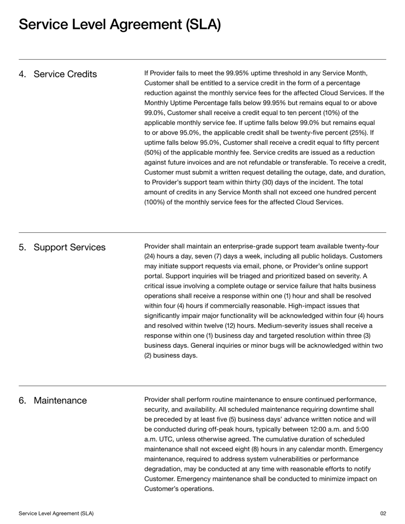 Service Level Agreement in Cloud Computing with uptime targets, support timelines and data protection terms
