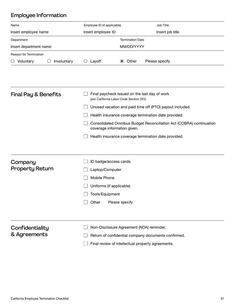 California Employee Termination Checklist for ensuring compliance with state laws when ending employment