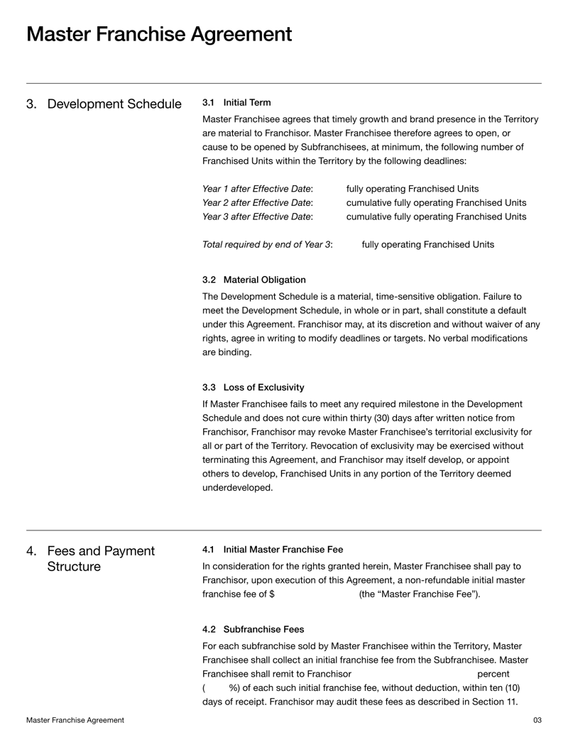 Master Franchise Agreement granting territorial and subfranchise rights with terms on fees, obligations and brand compliance