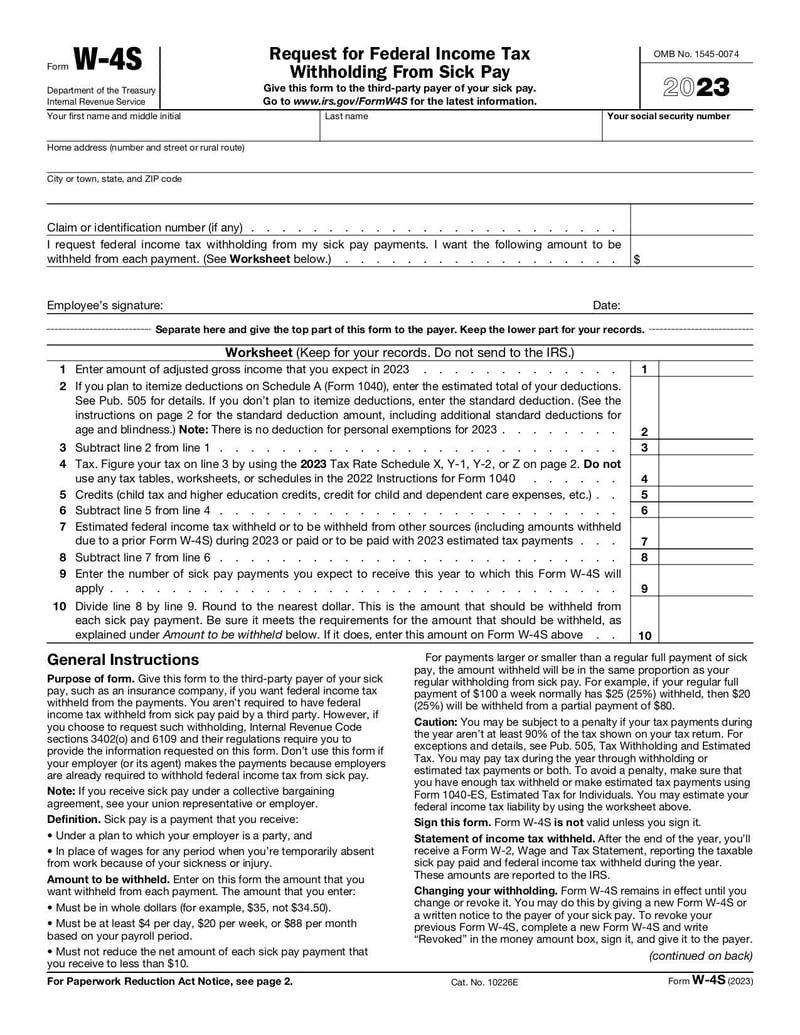 Large thumbnail of Form W-4S - Jan 2023