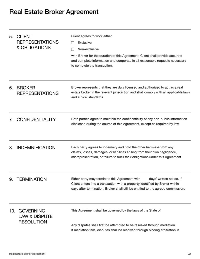 Real Estate Broker Agreement outlining terms between a property owner and a broker for property transactions