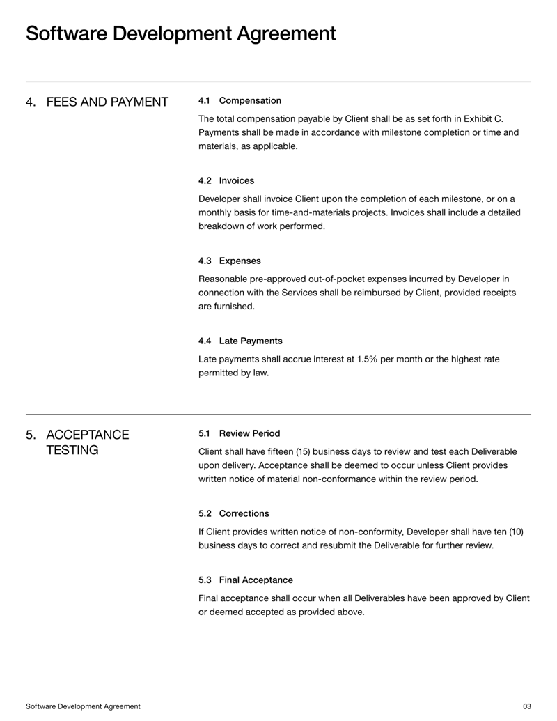 Software Development Agreement template for defining developer-client roles, deliverables and IP ownership