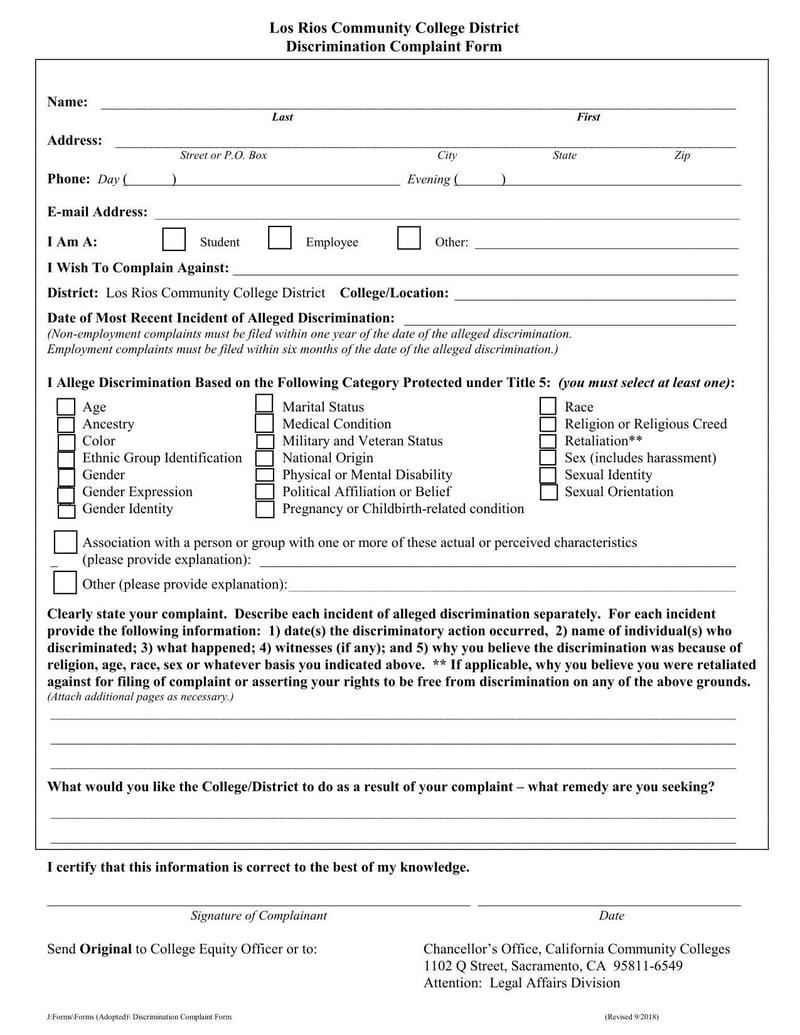 Large thumbnail of Los Rios Community College District Discrimination Complaint Form