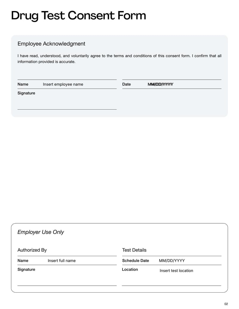 Drug Test Consent Form used to authorize employment-related drug screenings