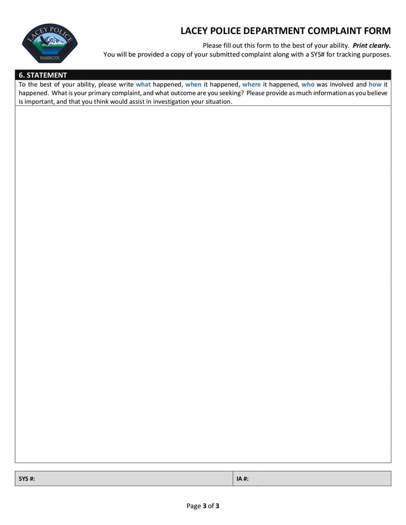 Large thumbnail of Lacey Police Department Complaint Form - Sep 2020