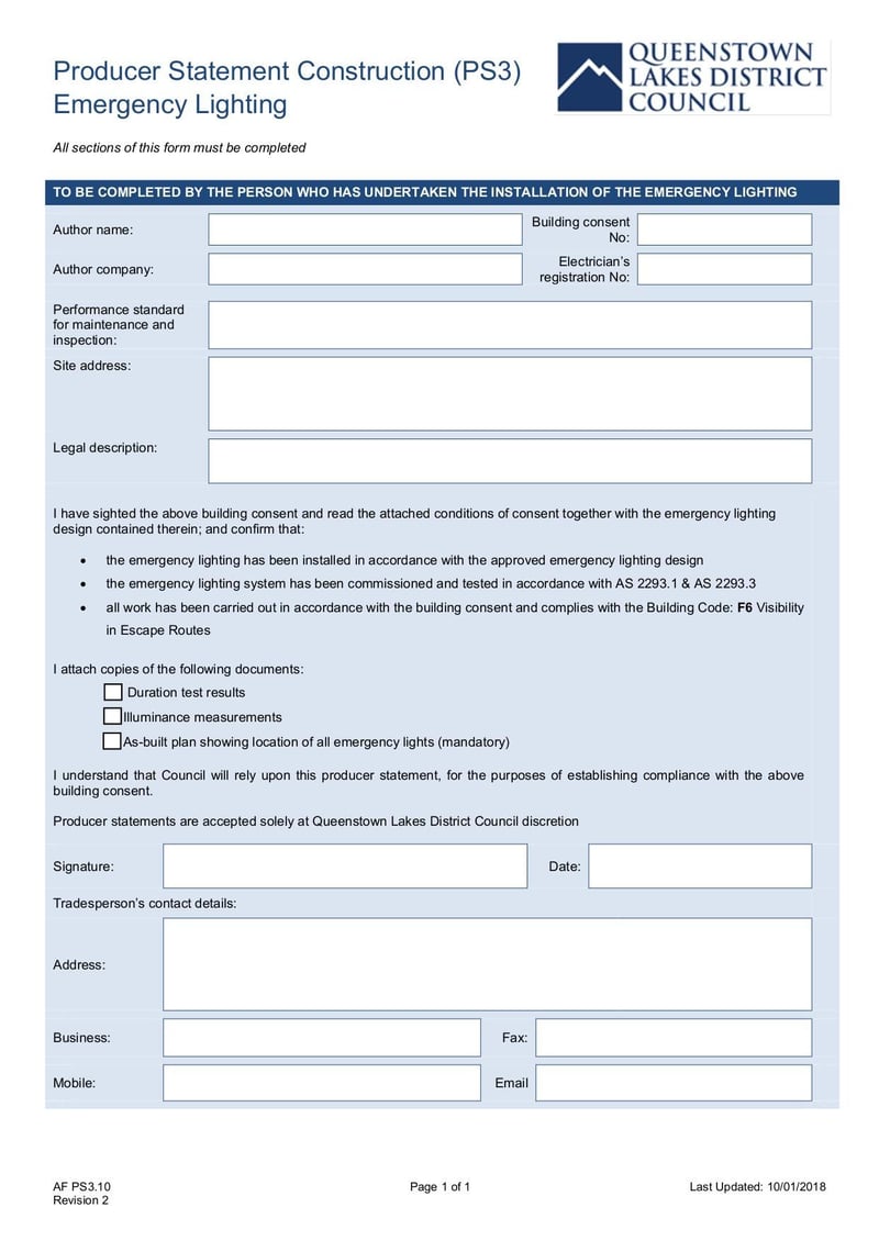 Large thumbnail of Producer Statement Construction (PS3) Emergency Lighting - Oct 2018