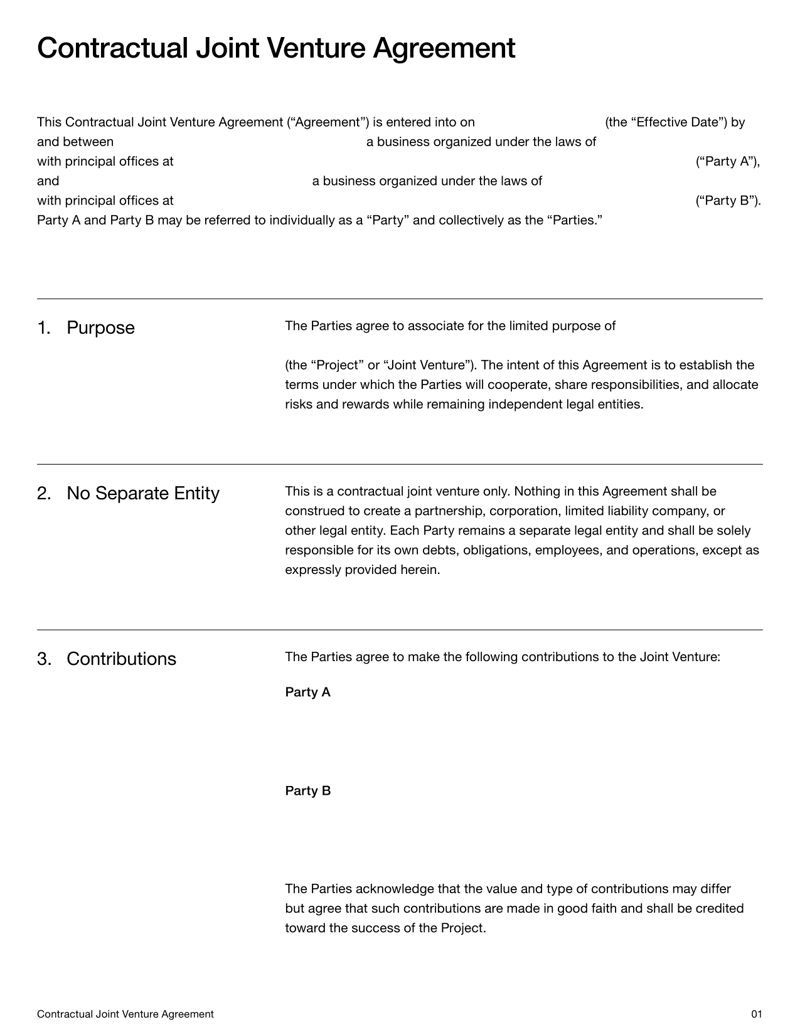 Contractual Joint Venture Agreement template defining roles, profit-sharing and governance terms