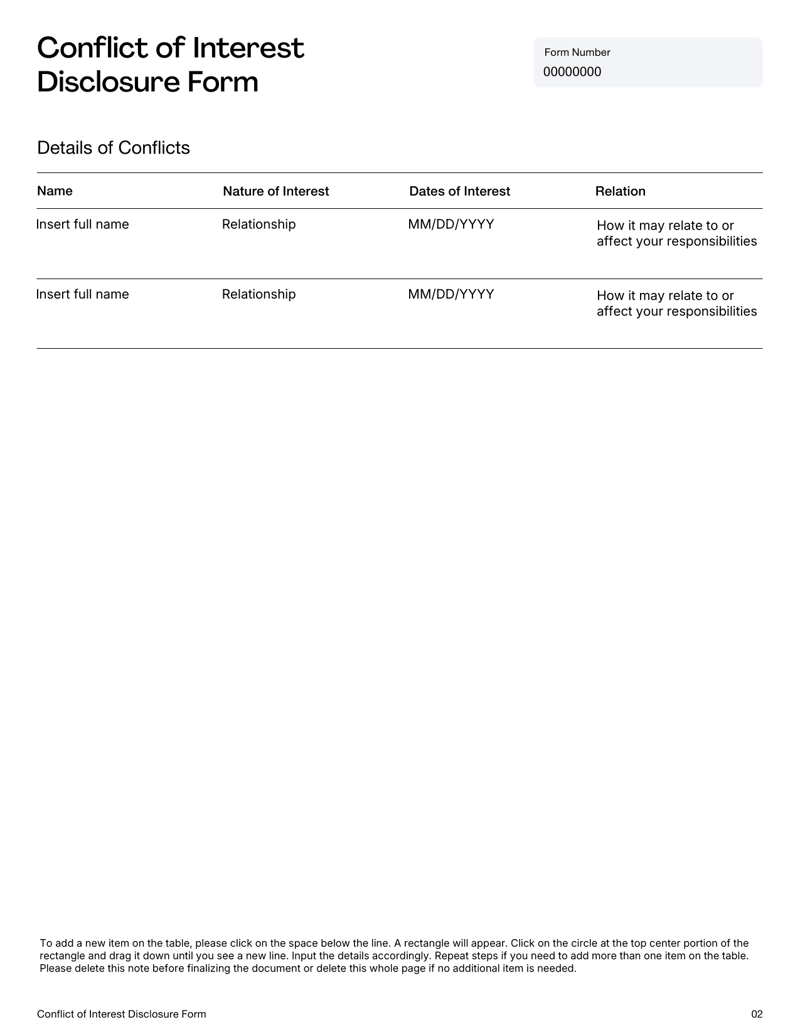 Conflict of Interest Disclosure Form with sections for declaration, conflict details, mitigation steps and certification