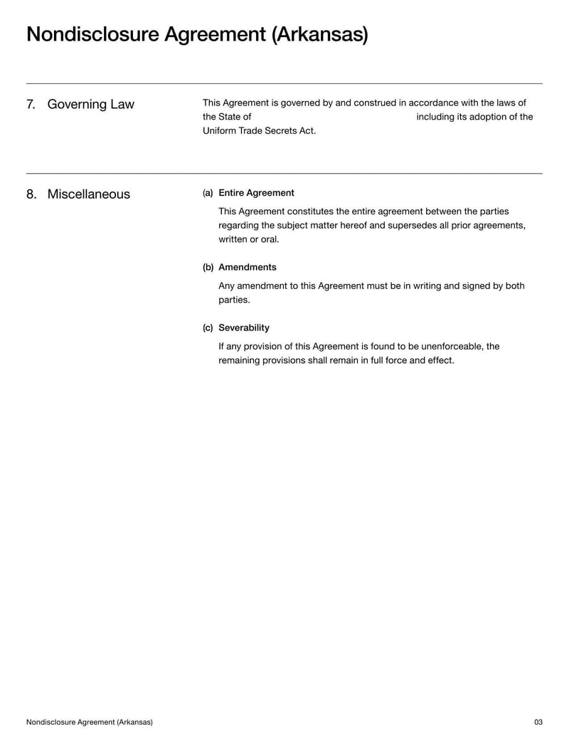 Arkansas Nondisclosure Agreement document with confidentiality and nondisclosure terms