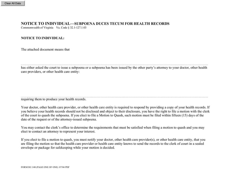 Large thumbnail of Virginia District Court Civil Filing Form DC-348 - Apr 2007