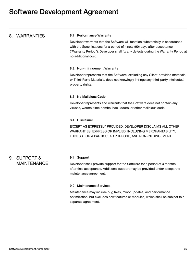 Software Development Agreement template for defining developer-client roles, deliverables and IP ownership