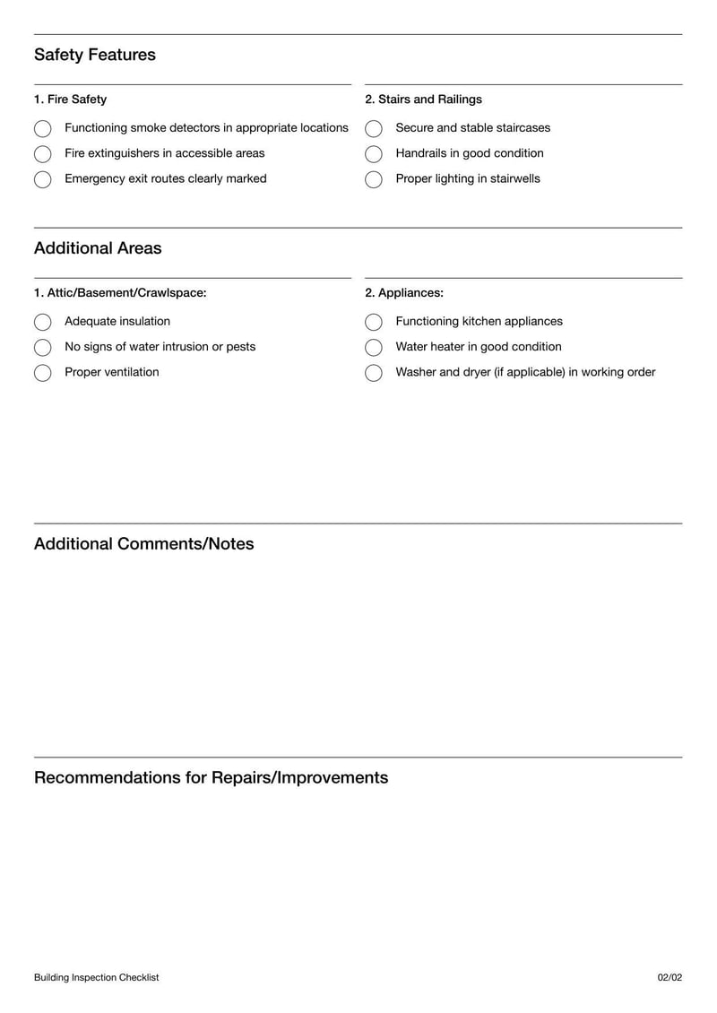 Building Inspection Checklist itemizing structural and safety evaluations during property assessments