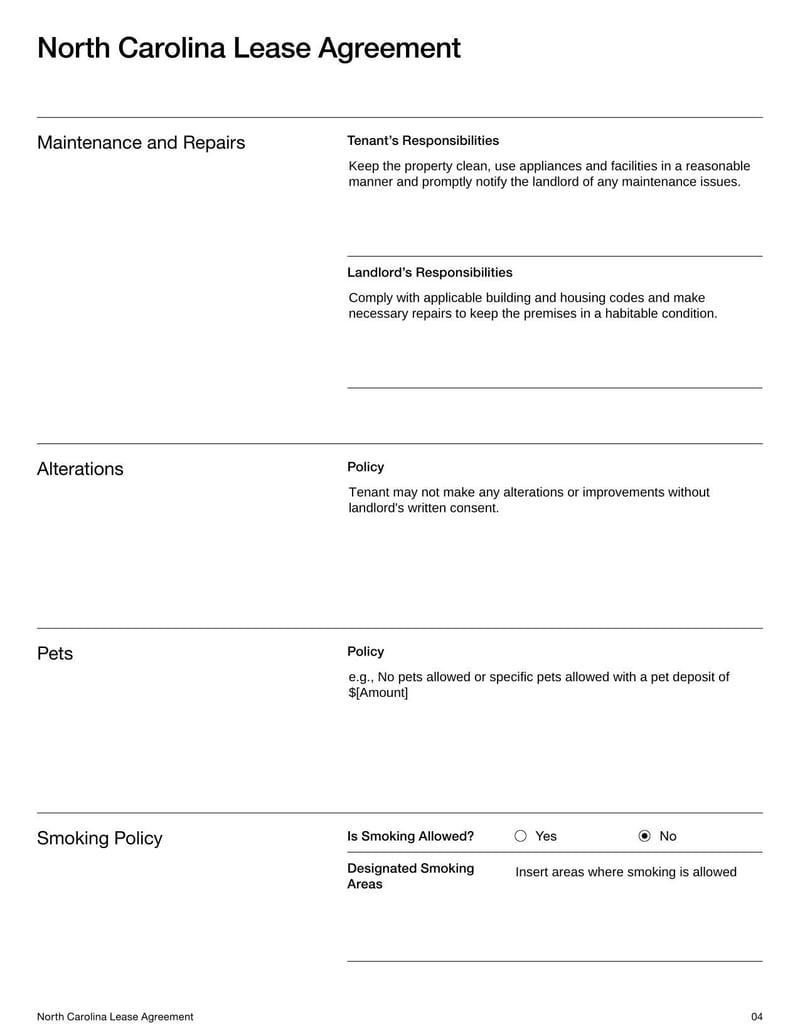 North Carolina Lease Agreement for rental terms in North Carolina