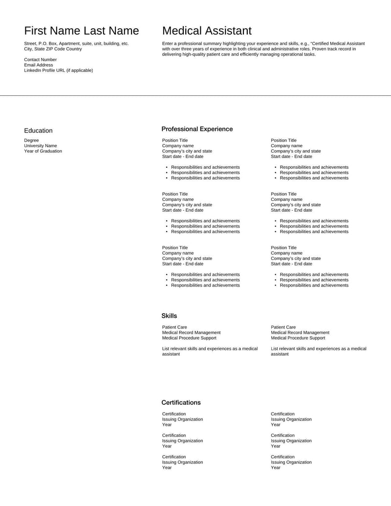 Medical Assistant Resume Template for highlighting education, clinical skills, administrative experience, and certifications