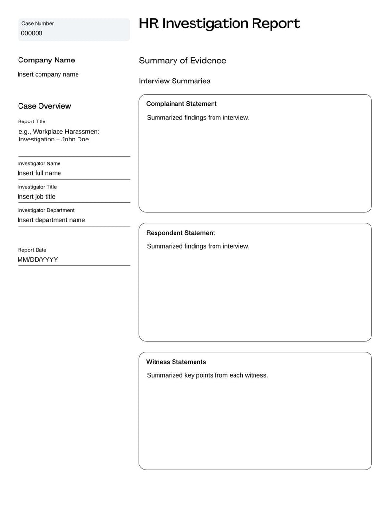 HR Investigation Report Template for documenting findings and outcomes of workplace investigations