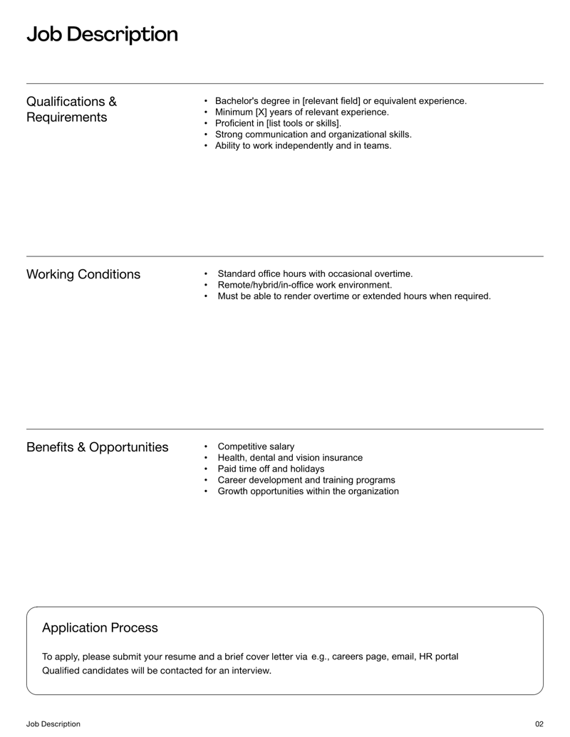 Job Description Template with job title, duties, qualifications, benefits and application process