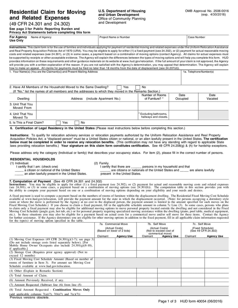 Large thumbnail of Claim Form for Moving Expenses - Jun 2016