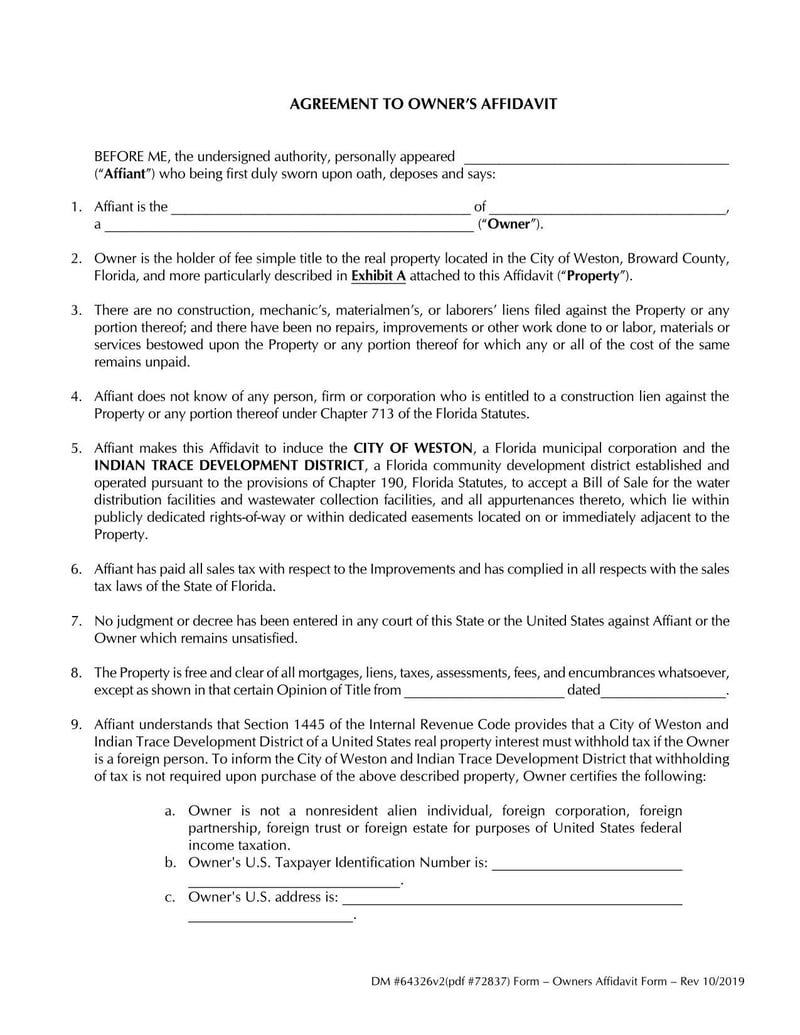 Large thumbnail of Broward County Agreement to Owner's Affidavit