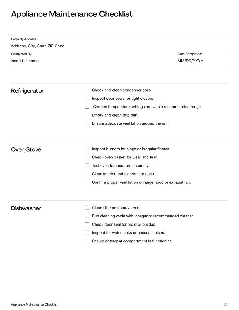 Appliance Maintenance Checklist for inspecting and servicing major household appliances.
