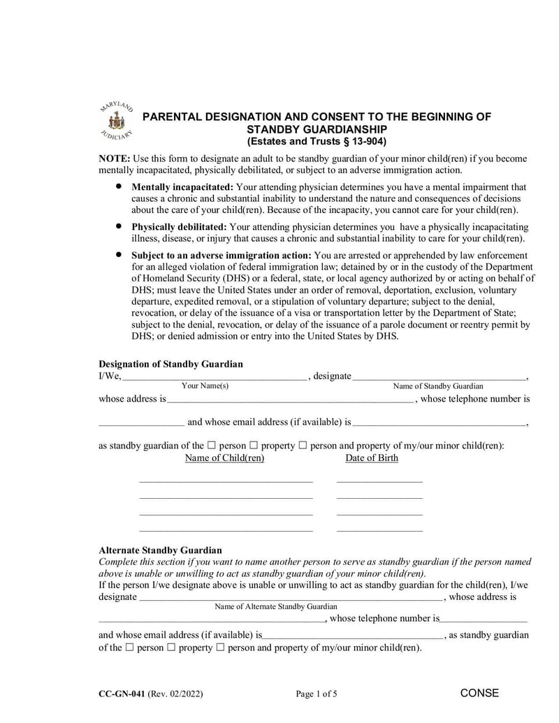 Large thumbnail of Parental Designation (Form CC-GN-041) - Feb 2022