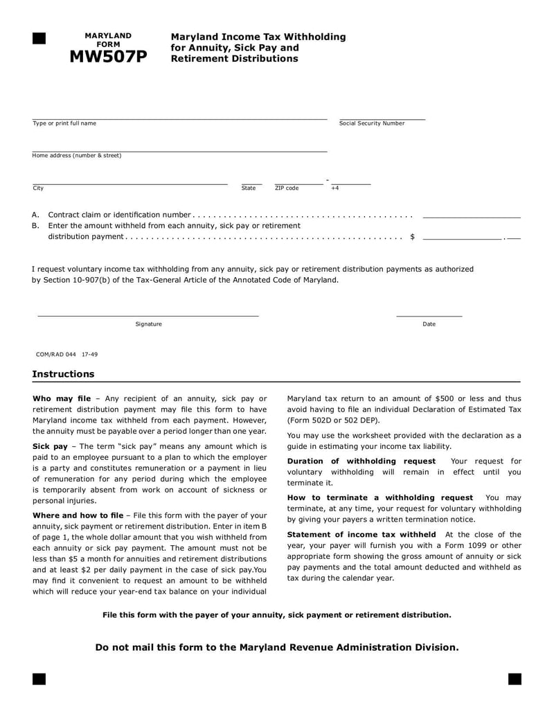 Large thumbnail of Maryland Form MW507P - Sep 2017