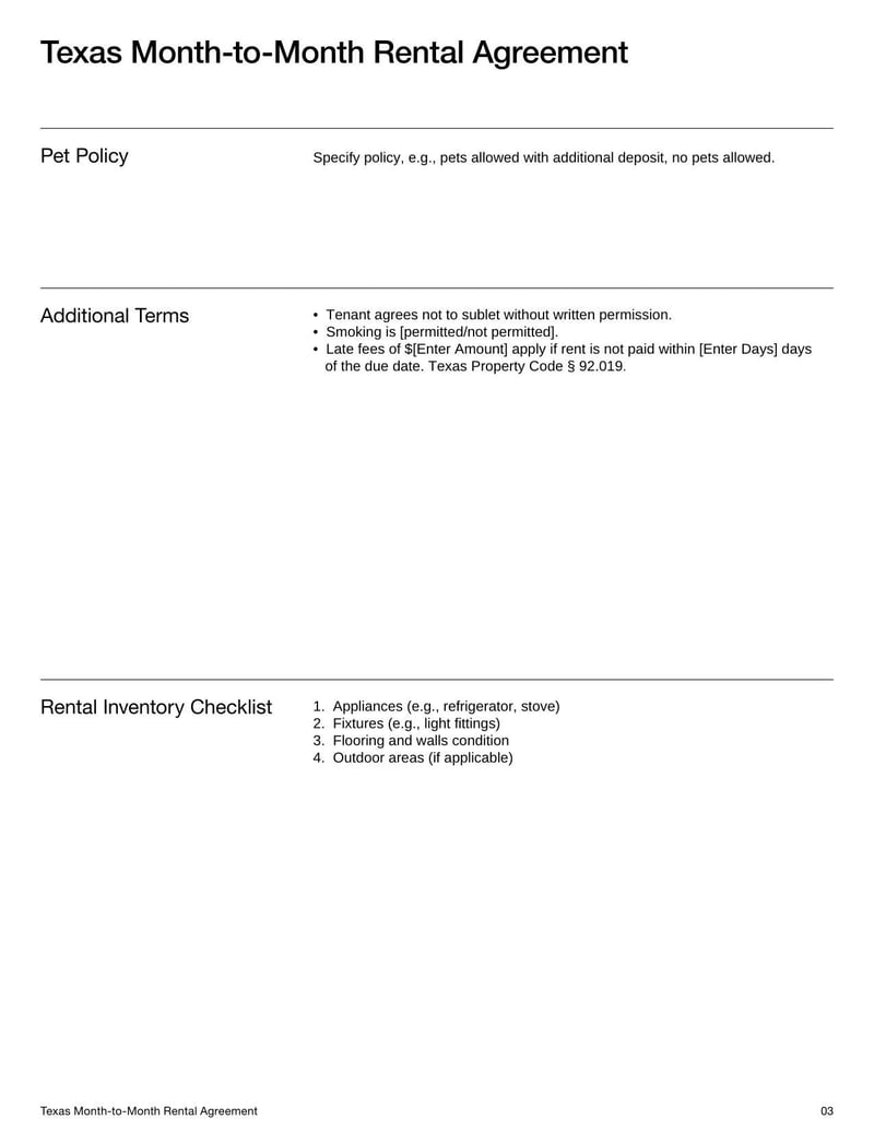 Texas Month-to-Month Rental Agreement template for defining lease terms, rent payments, and tenant-landlord responsibilities