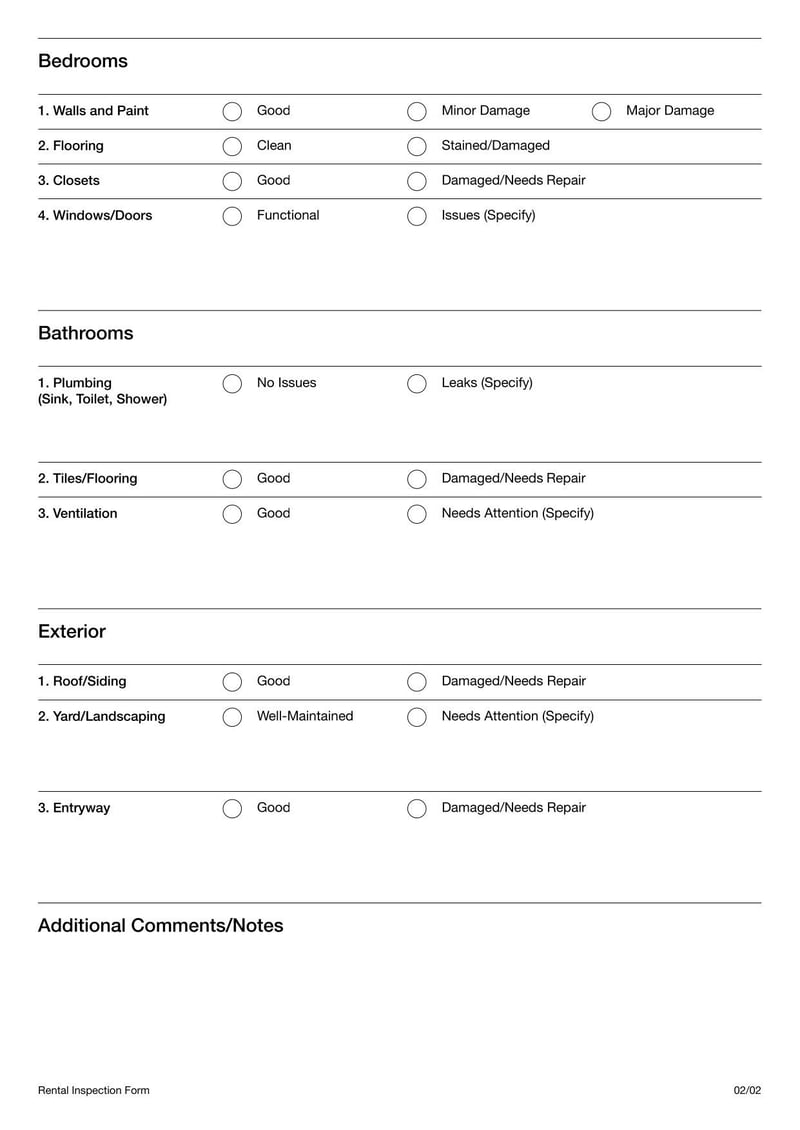Rental Inspection Report documenting the state of a rental property before and after occupancy