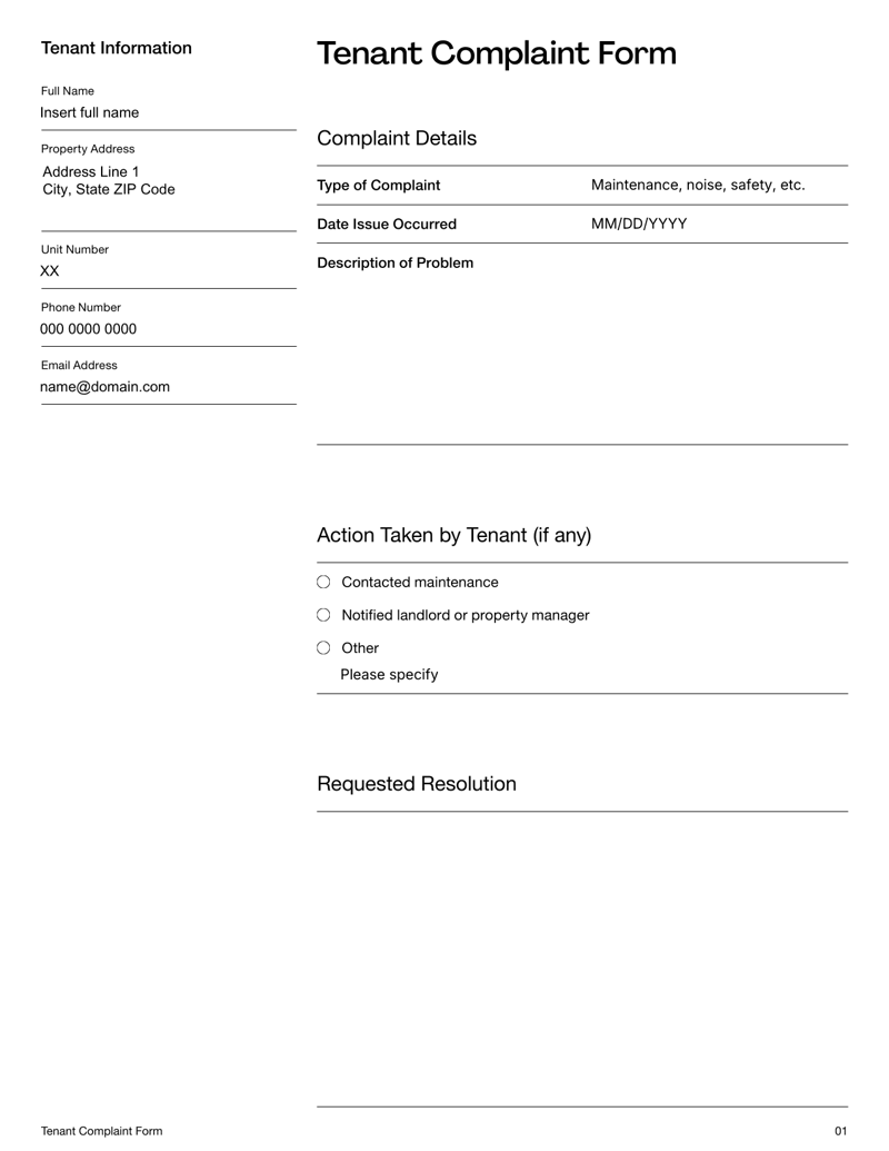 Tenant Complaint Form with fields for tenant details, complaint description, landlord response and resolution notes