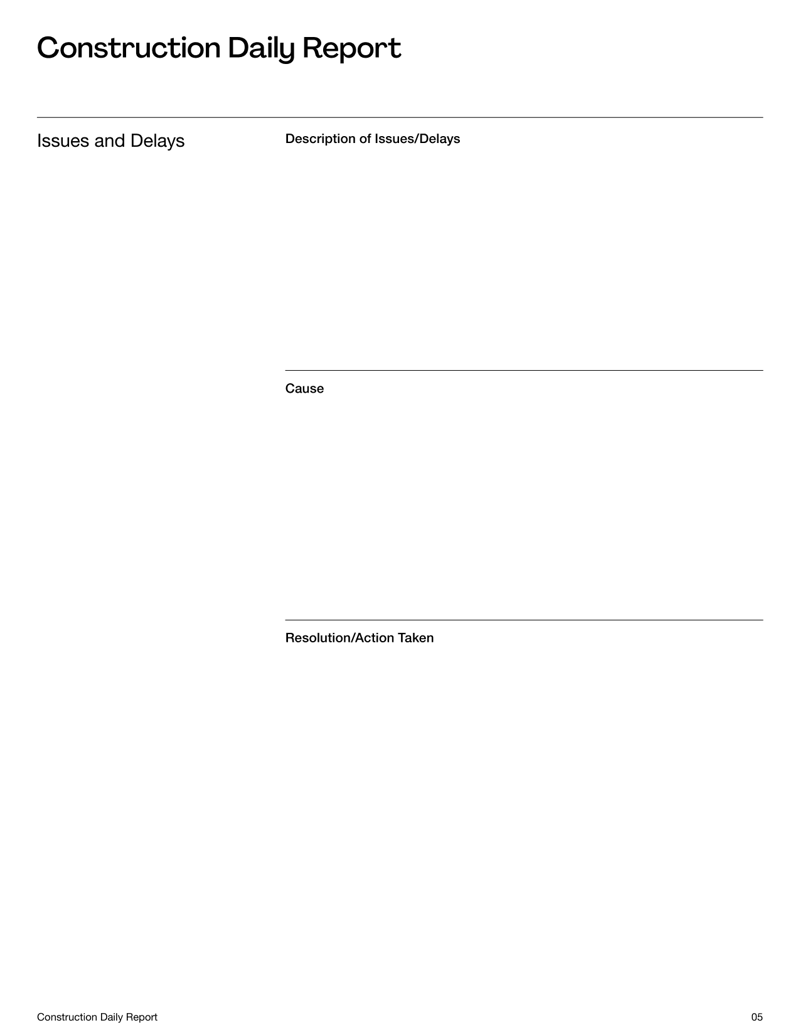 Construction Daily Report with sections for project details, workforce, work performed, equipment, materials, issues and safety reporting