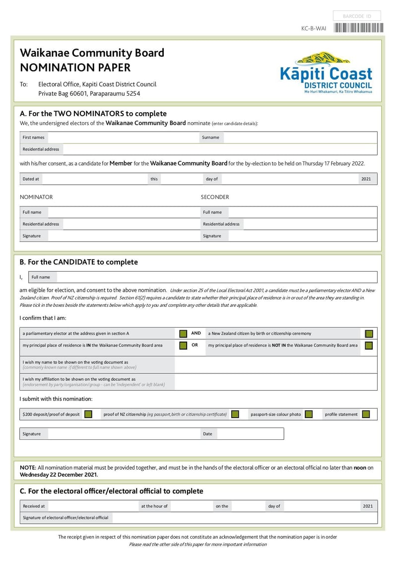 Large thumbnail of Waikanae Community Board By-Election Nomination Form - Jan 2022