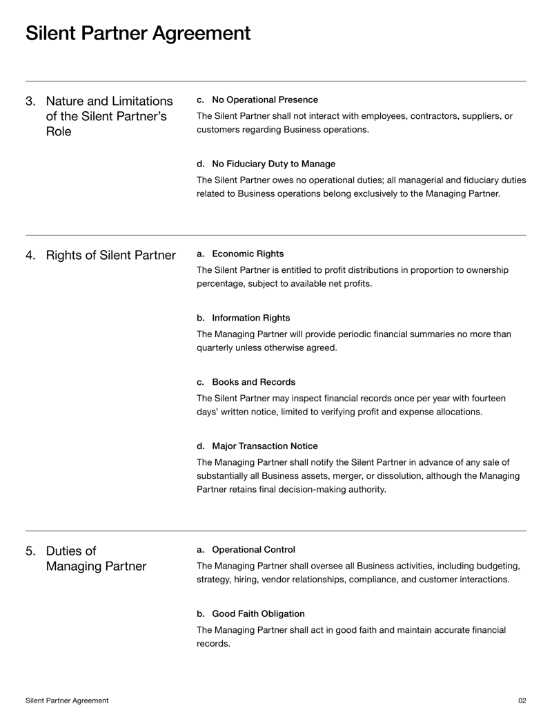 Silent Partner Agreement defining investment terms, partner roles, liability limits and profit distribution