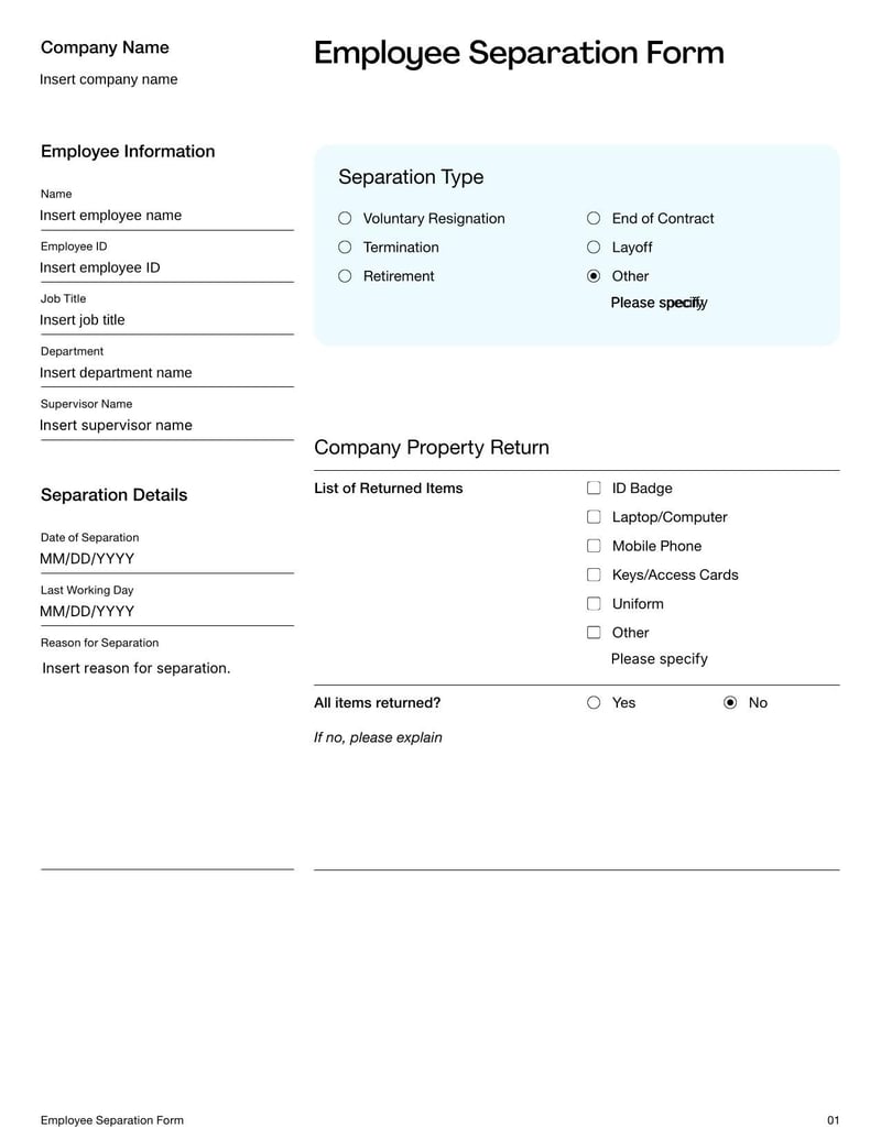 Employee Separation Form for documenting the details and reasons for an employee’s departure from a company
