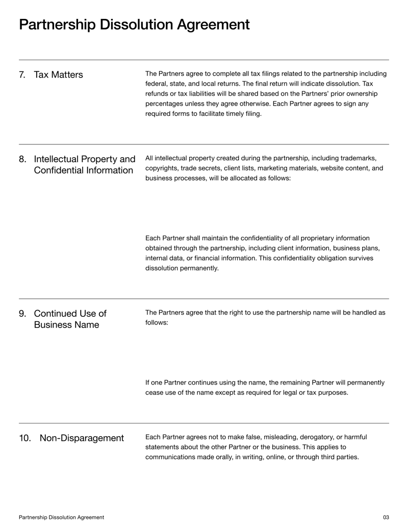 Partnership Dissolution Agreement detailing wind up procedures, asset division, liabilities and partner obligations