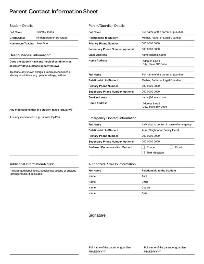 Parent Contact Information Sheet for recording guardian contact details