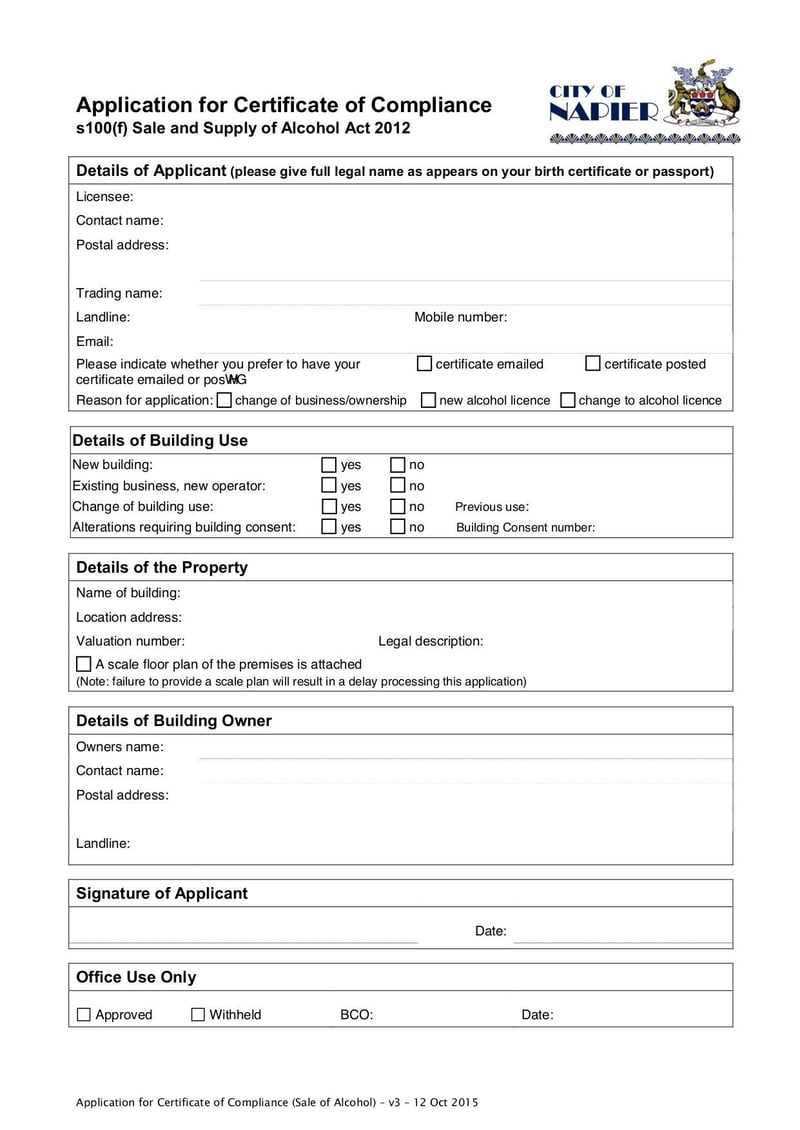 Large thumbnail of Application for Certificate of Compliance - Oct 2015