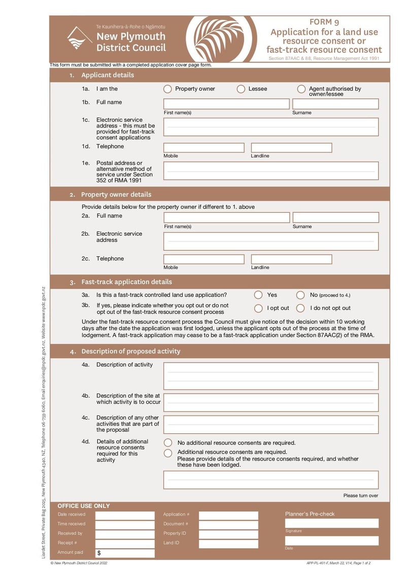 Large thumbnail of Application for a Land Use Resource Consent or Fast Track Resource Consent Form 9 APP PL 401 F V14 - Mar 2022