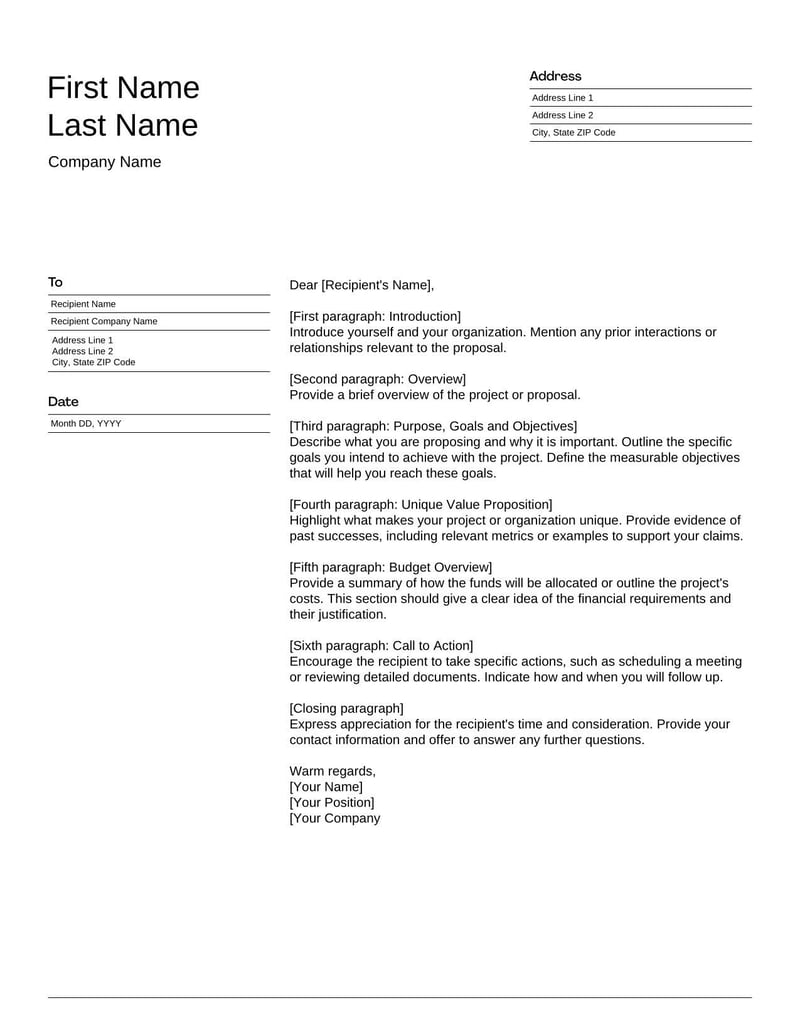 Project Proposal Letter Template for pitching project plans and requesting approval or funding