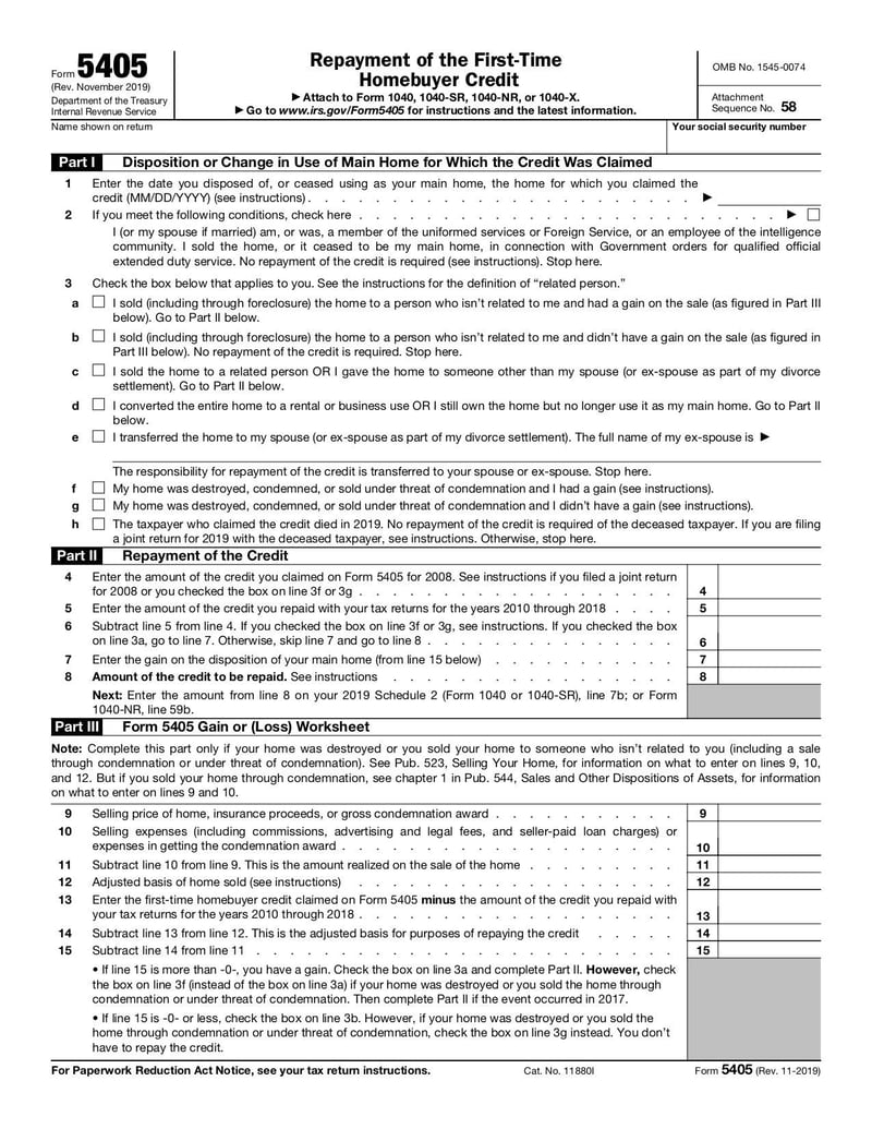 Thumbnail of Form 5405 - First-Time Homebuyer Credit and Repayment of the Credit - Nov 2019 - page 0