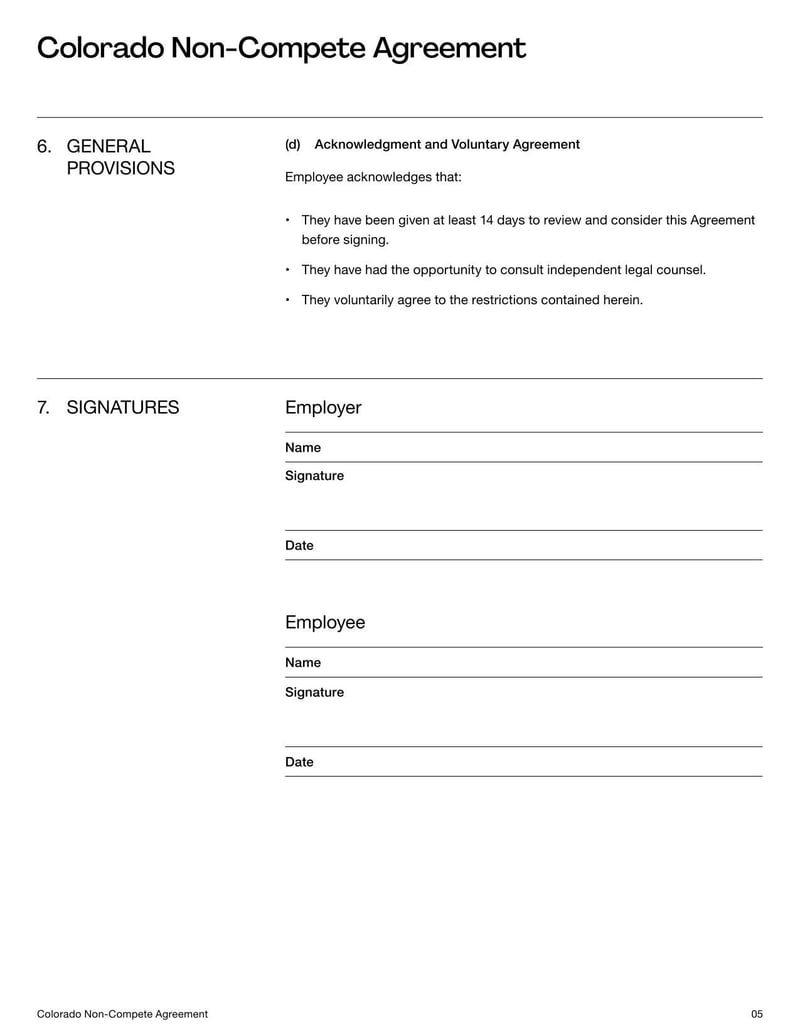 Non-Compete Agreement Colorado for specifying employment restrictions on competitive work within the state’s legal limits